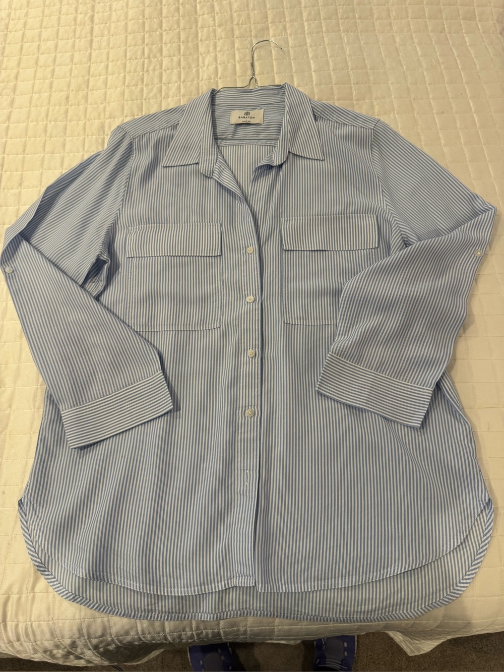 Babaton Light Blue and White Striped Button-Up Shirt
